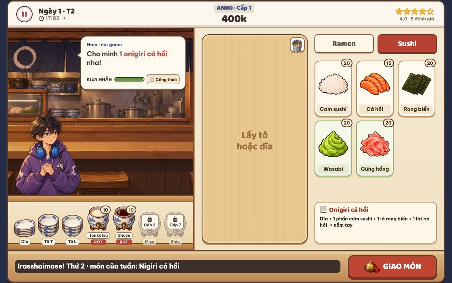 Giao diện máy tính: khách gọi onigiri cá hồi, khu bếp và công thức bên cạnh