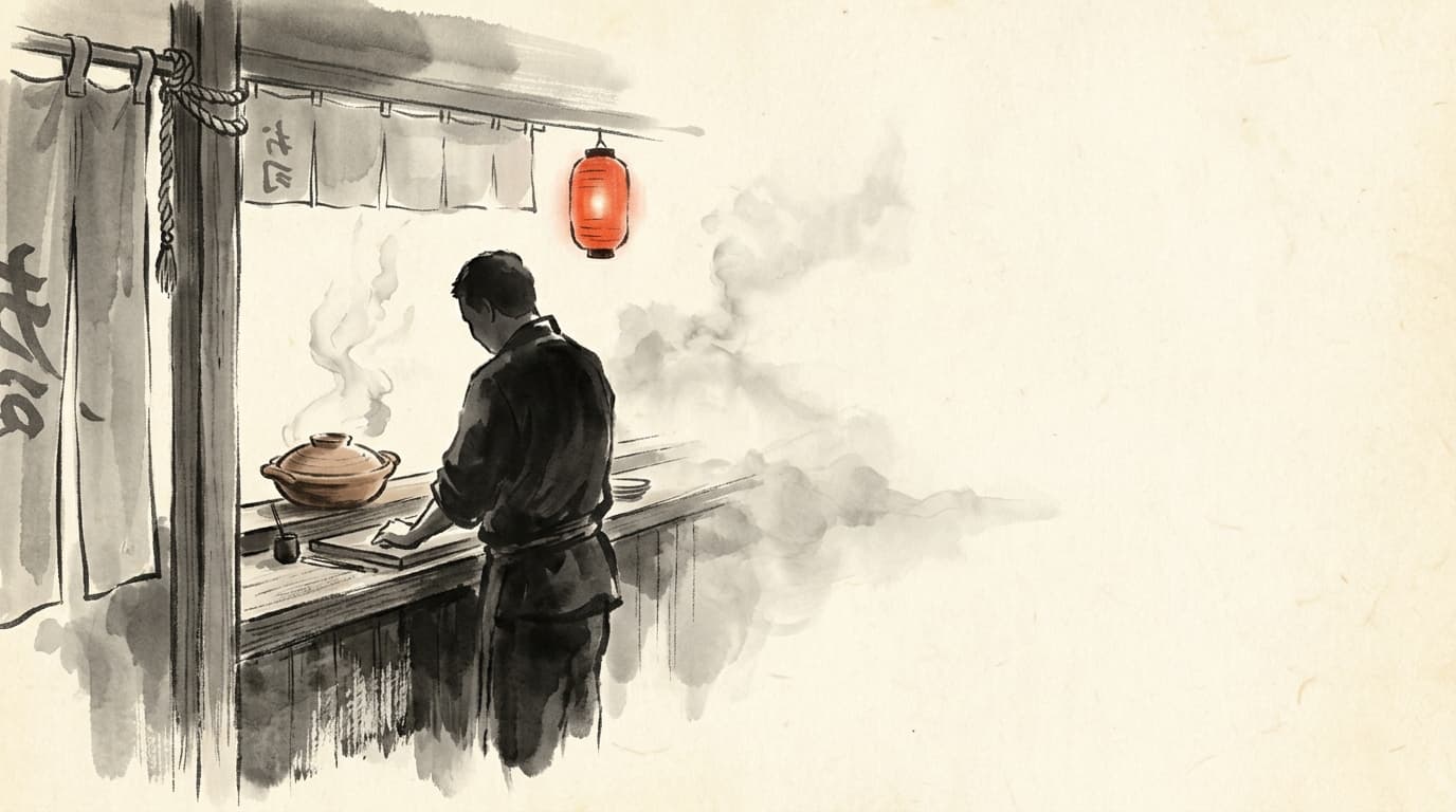 Sumi-e của itamae sau quầy gỗ