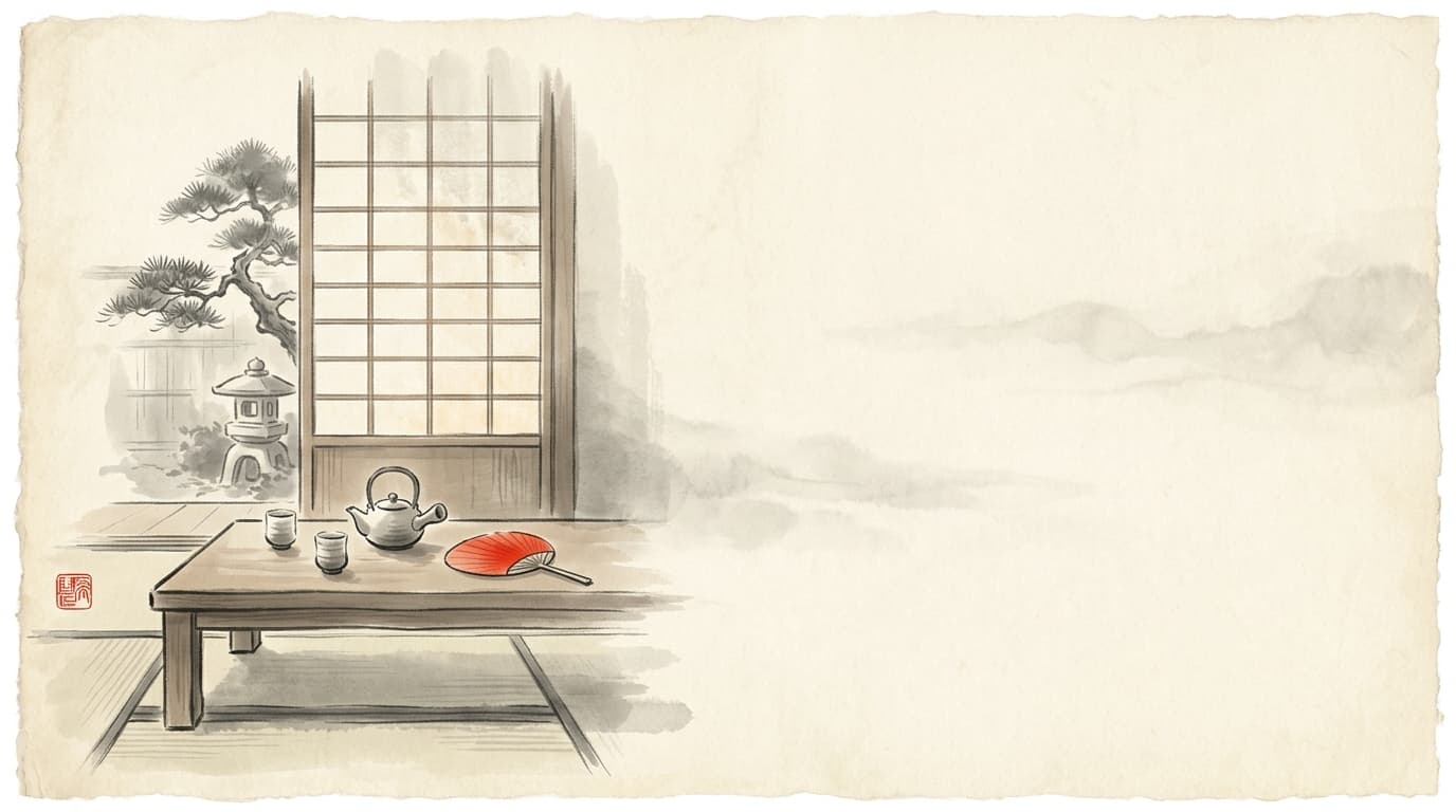 Sumi-e của phòng tatami với chabudai và đèn lồng