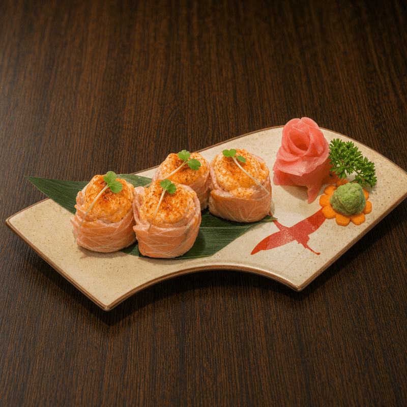 Sushi hana mentaiko: sushi hoa phủ sốt trứng cá cay mặn